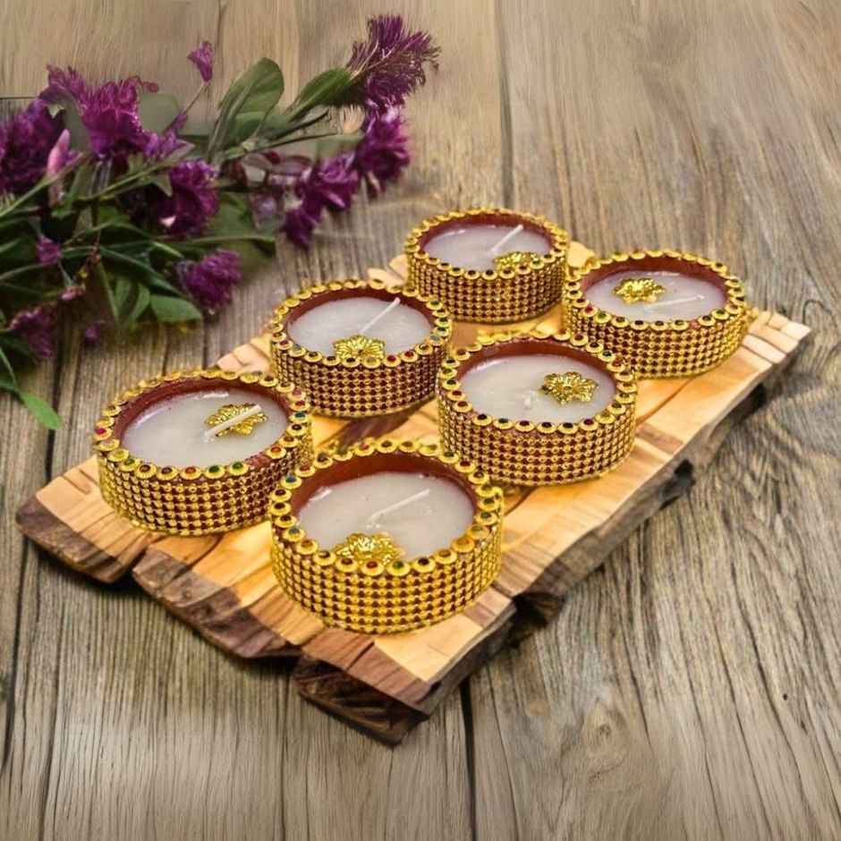 Golden Lace Katori Wax Diya | Designer Wax Diya | Pack Of 6 | Clay | DiaCraft