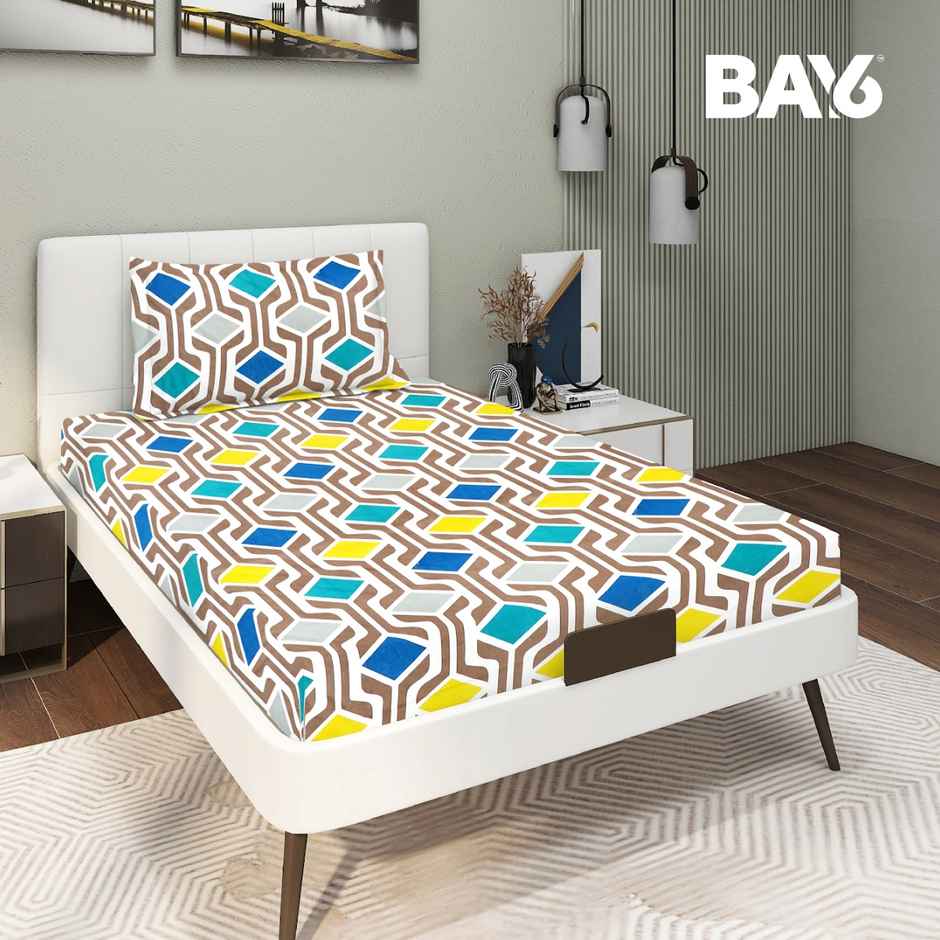 BAY6 Single 110 GSM Microfibre Geometric Print Bedsheet, 1 Pillow Cover | Blue & Grey | 59 x 87 in