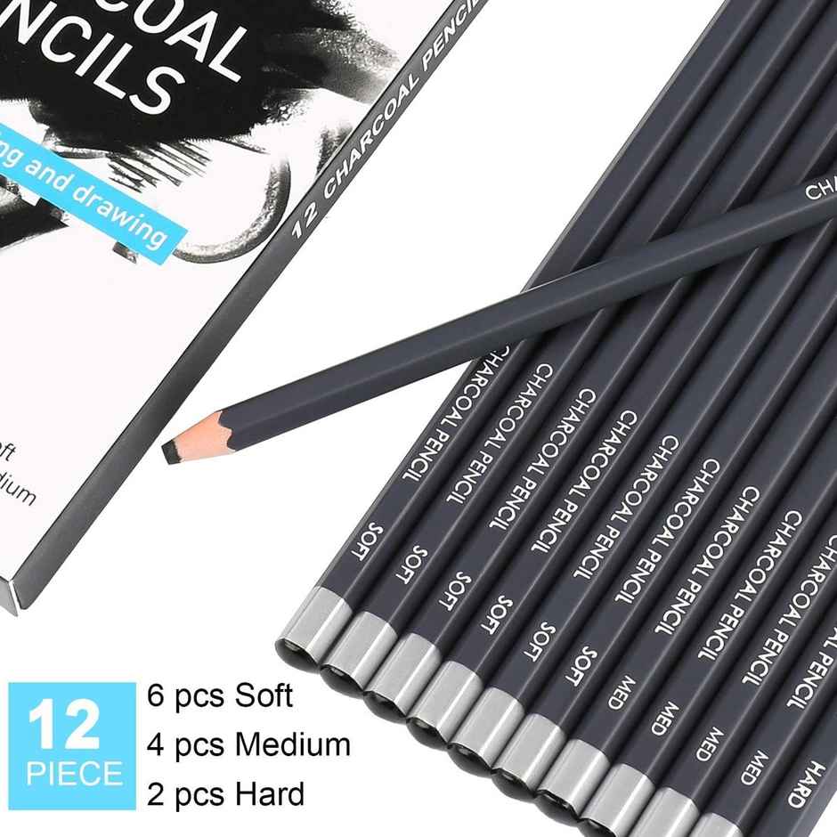 Chrome Professional Charcoal Pencils Drawing Set | 12 Pieces Soft Medium Pencils For Drawing