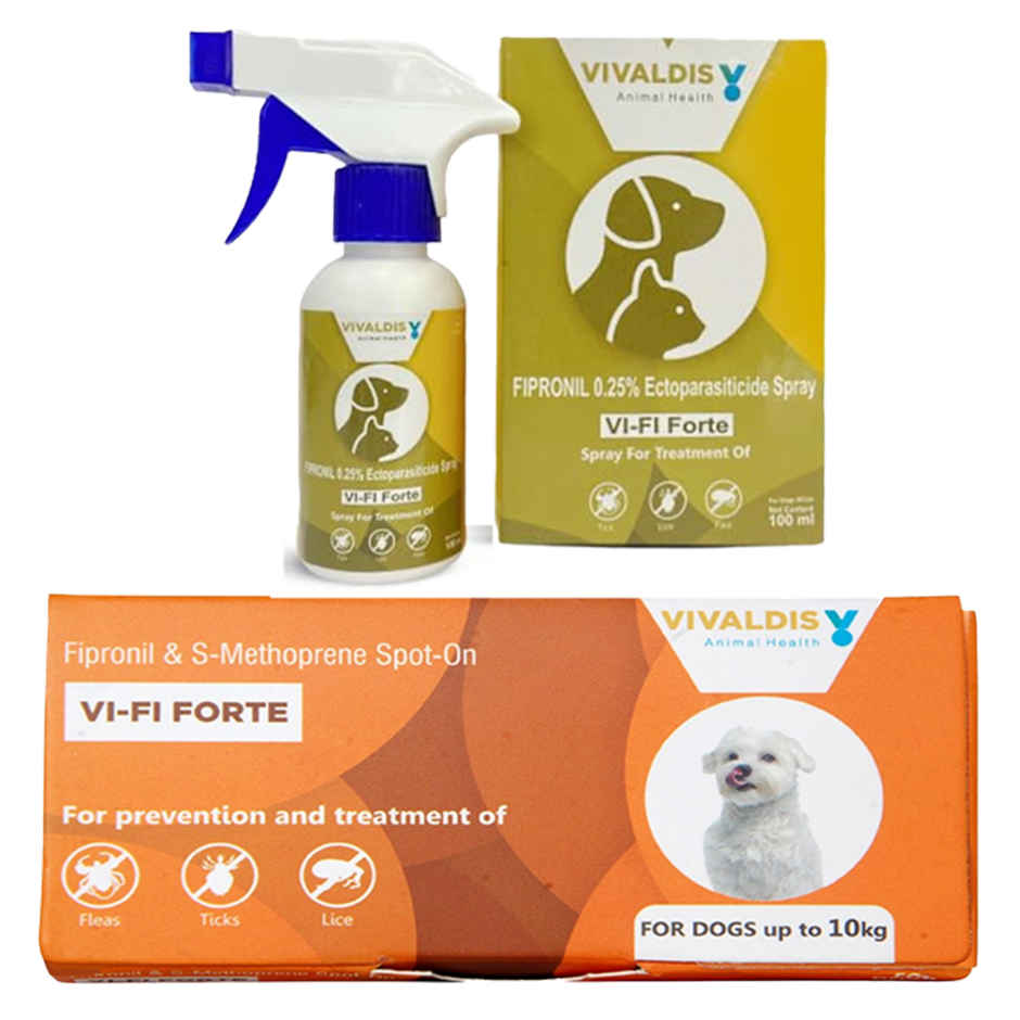 Vivaldis Vi-Fi Forte-Tick, Flea, Lice Spray For Dogs, Cats, Kitten & Puppies With Fipronil (100ml) & Vivaldis Vi-Fi Forte Spot On 0.67 Ml | Fleas, Ticks & Lice | Fipronil For Dogs & Puppy Upto 10 Kgs (0.67ml) Combo