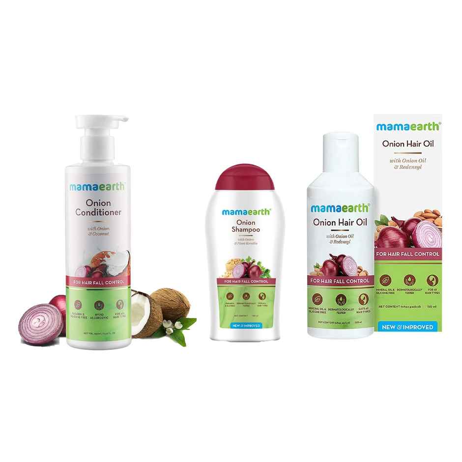 Mamaearth Onion Hair Oil For Hair Fall Control (150ml) & Mamaearth Onion Shampoo For Hair Fall Control & Hair Growth With Onion & Plant Keratin (100ml) & Mamaearth Onion Conditioner For Hair Growth & Hair Fall Control (250ml) Combo
