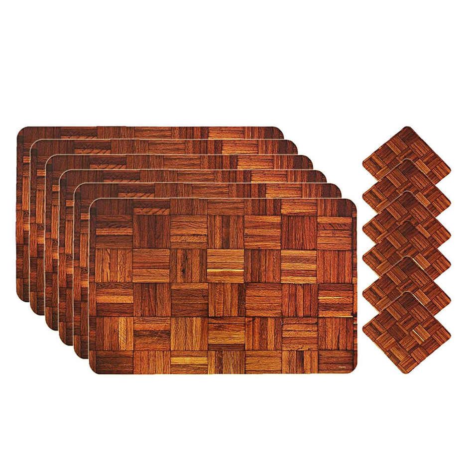 Kuber Industries PVC Wooden Design Dining Table Placemat Set with Tea Coasters | 6 pcs | Brown