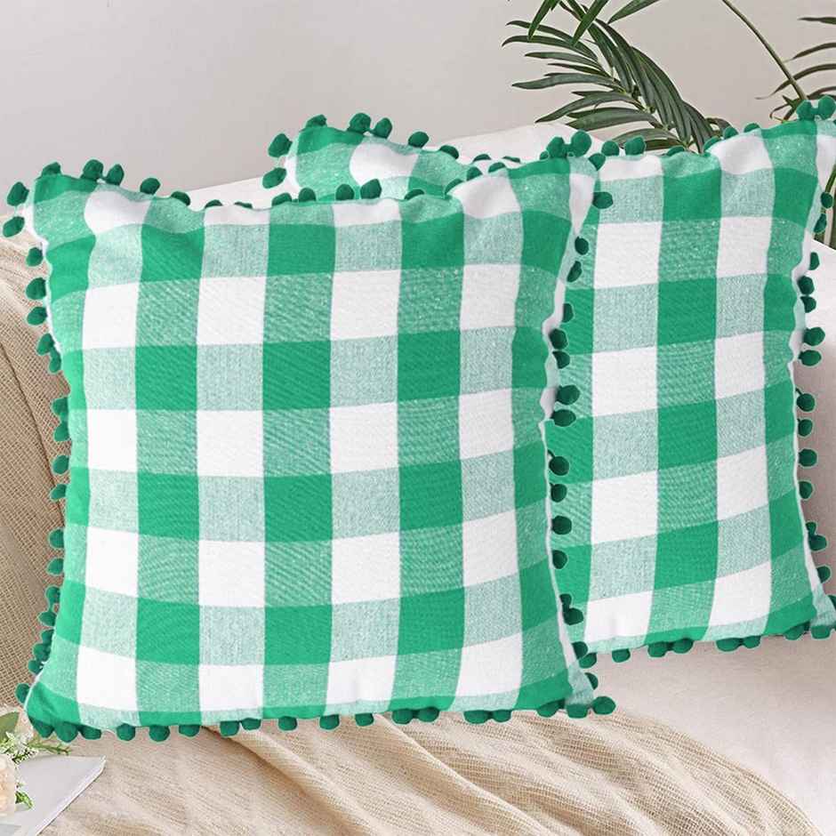Lushomes Cotton Cushion Covers - Green/White Checks | 16 x 16 inch | Pom Pom