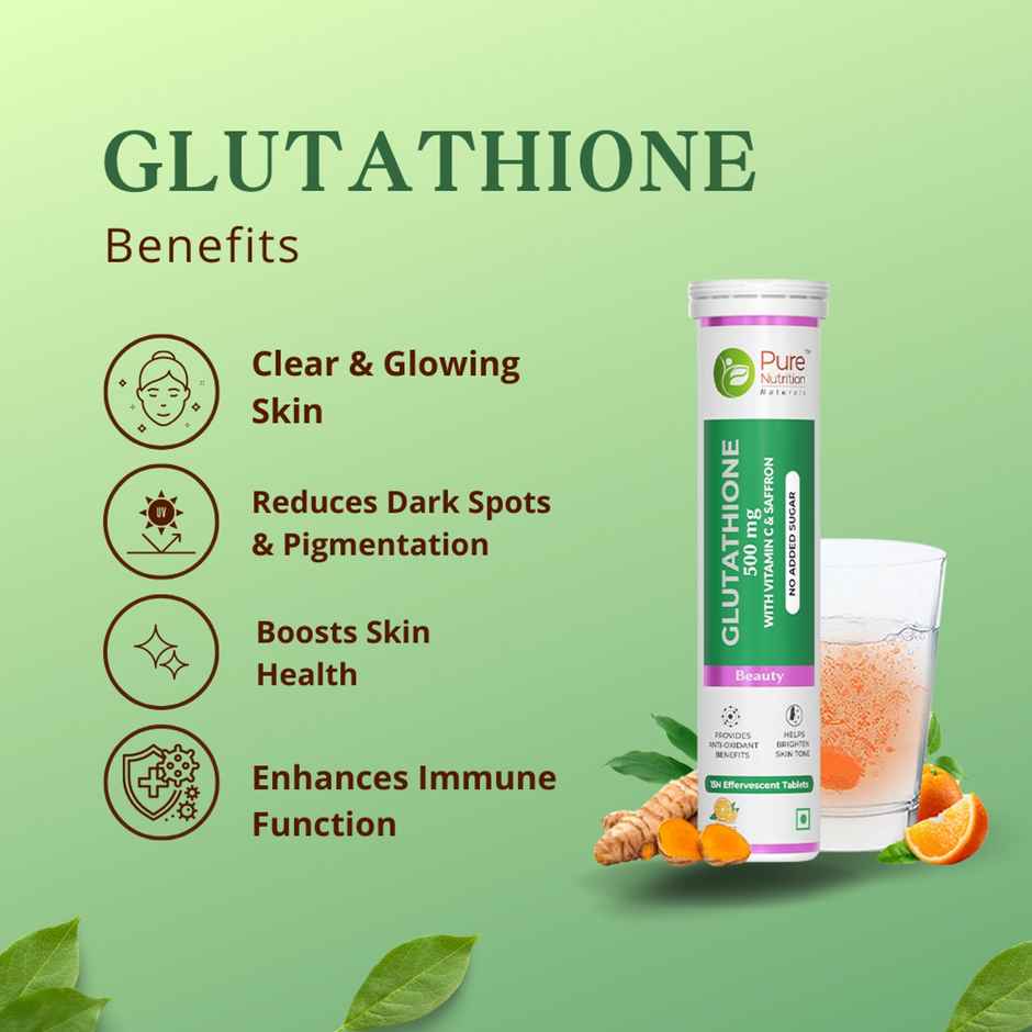 Pure Nutrition Glutathione 500mg Effervescent | Vitamin C & Saffron, Skin Brightening | 15 Tabs