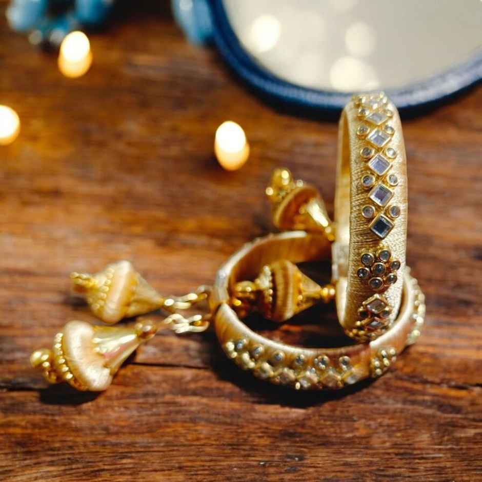 Designer Bangles with Silk Thread Work | Beige | Pack Of 2 | House Of Festivals