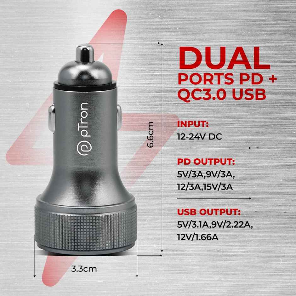 pTron Bullet Ultima 65W Car Charger | Super Fast Charging | Dual Outputs 45W Type-C PD & 20W USB - Grey