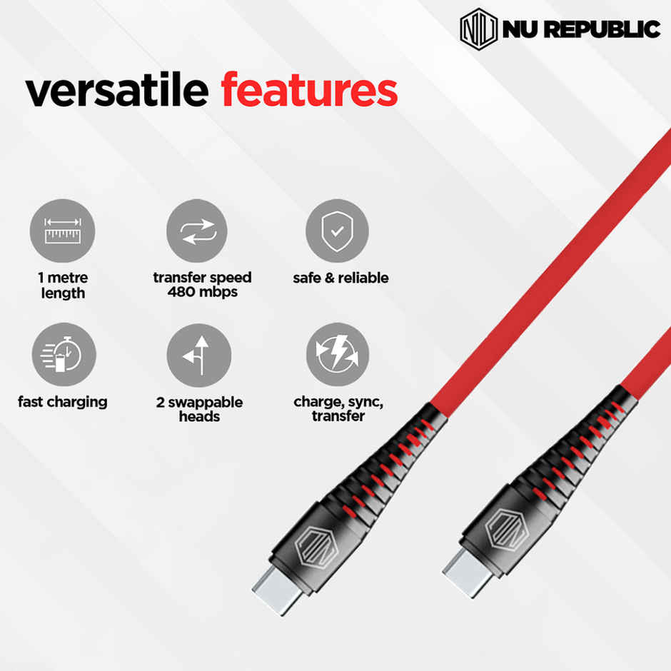 Nu Republic Blaze Supersonic 65W Type-C to Type-C Cable 1 m Fast Charge Cable (Compatible with Mobile, Tablet, Laptop, One Cable) - Red