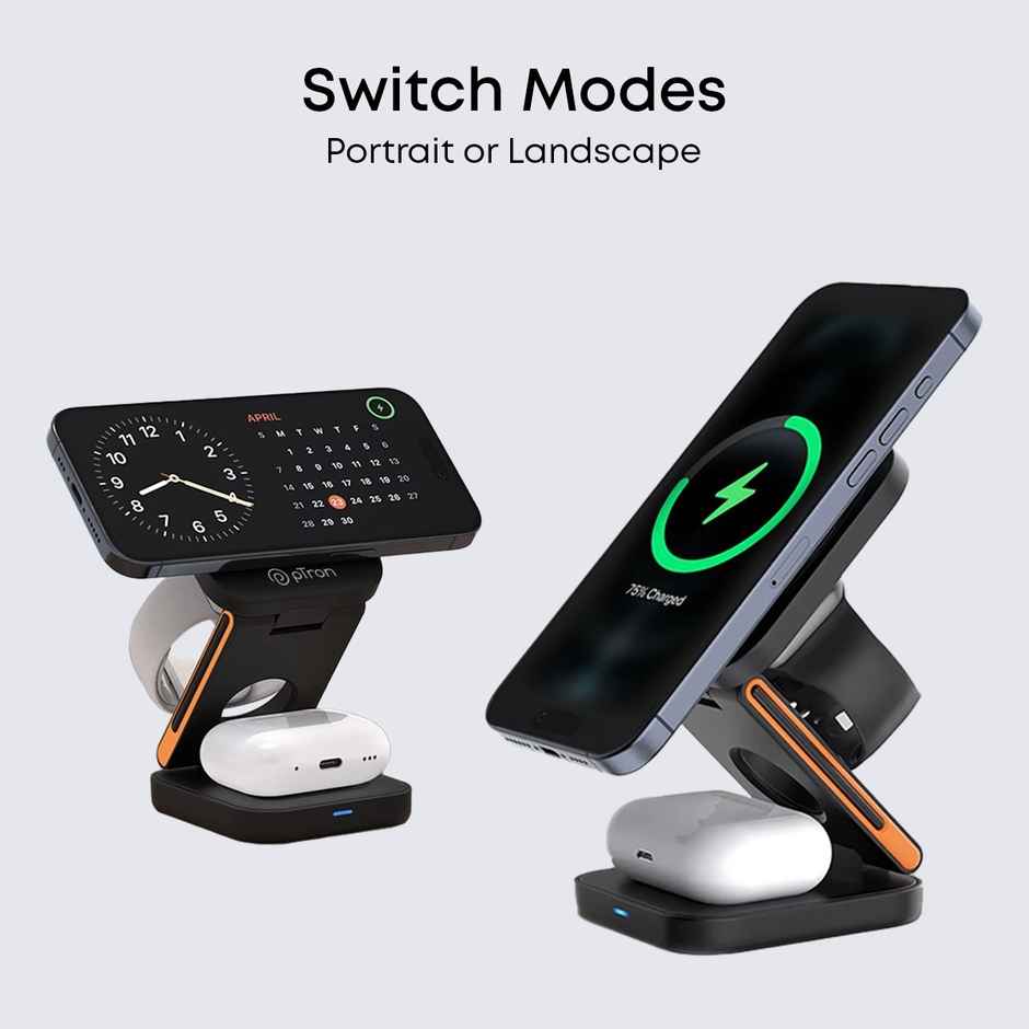 pTron Volitera Pro 3-In-1 23W Wireless Charger & Magnetic Stand For Iphone | Airpods - Black
