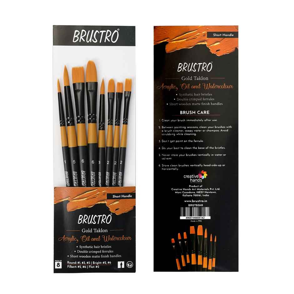 Brustro Artists Gold Taklon Short Handle Brushes | Set Of 8