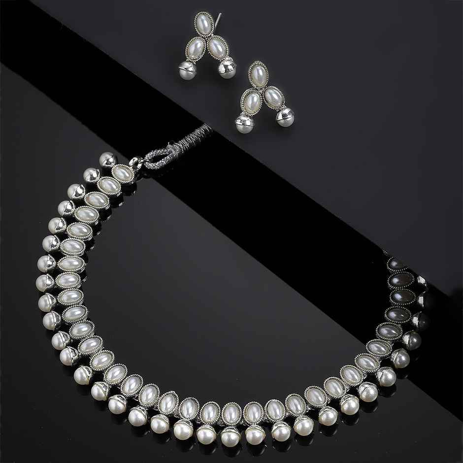 Zeneme Oxidised Silver Traditional White CZ Necklace With Earrings Jewellery For Women & Girls