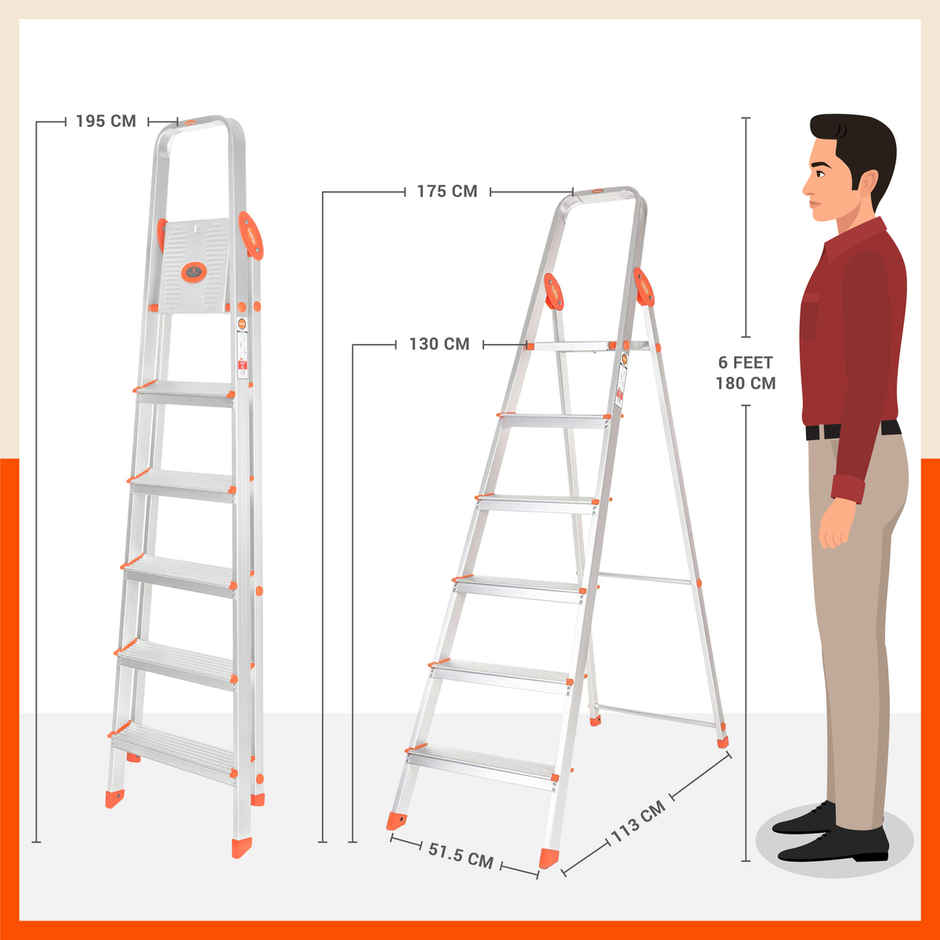 Bathla 6-Step Aluminium Foldable Ladder | Anti-Slip Heavy Duty Scratch Resistant | Advance | Orange