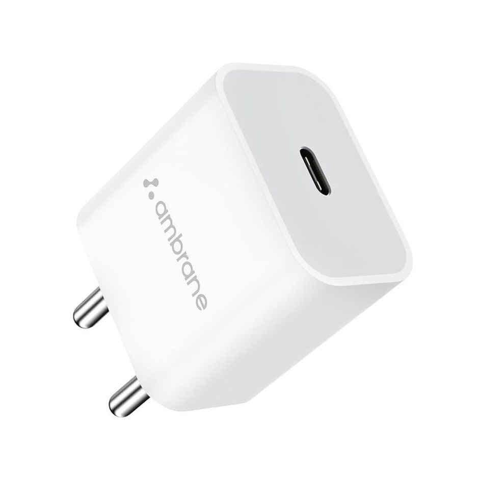 Ambrane (Raap M20) 20W Type C Mobile Charger Adapter, Fast Charging for Android, iPhone 14/13,13/12/11/X & Pro, Max Series & Other Type C Enabled Devices, PD Technology, BIS Certified - White