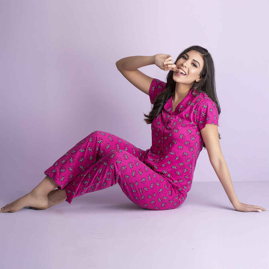 Clovia Owl Print Button Down Shirt & Pyjama Set - Cotton Rich(Magenta - Xl)