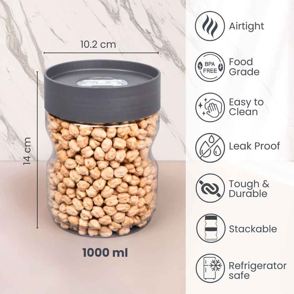 Flair Plastic Stackup Pet Jar Set Of 3 Pcs 1000 ml (Gray), Transparent
