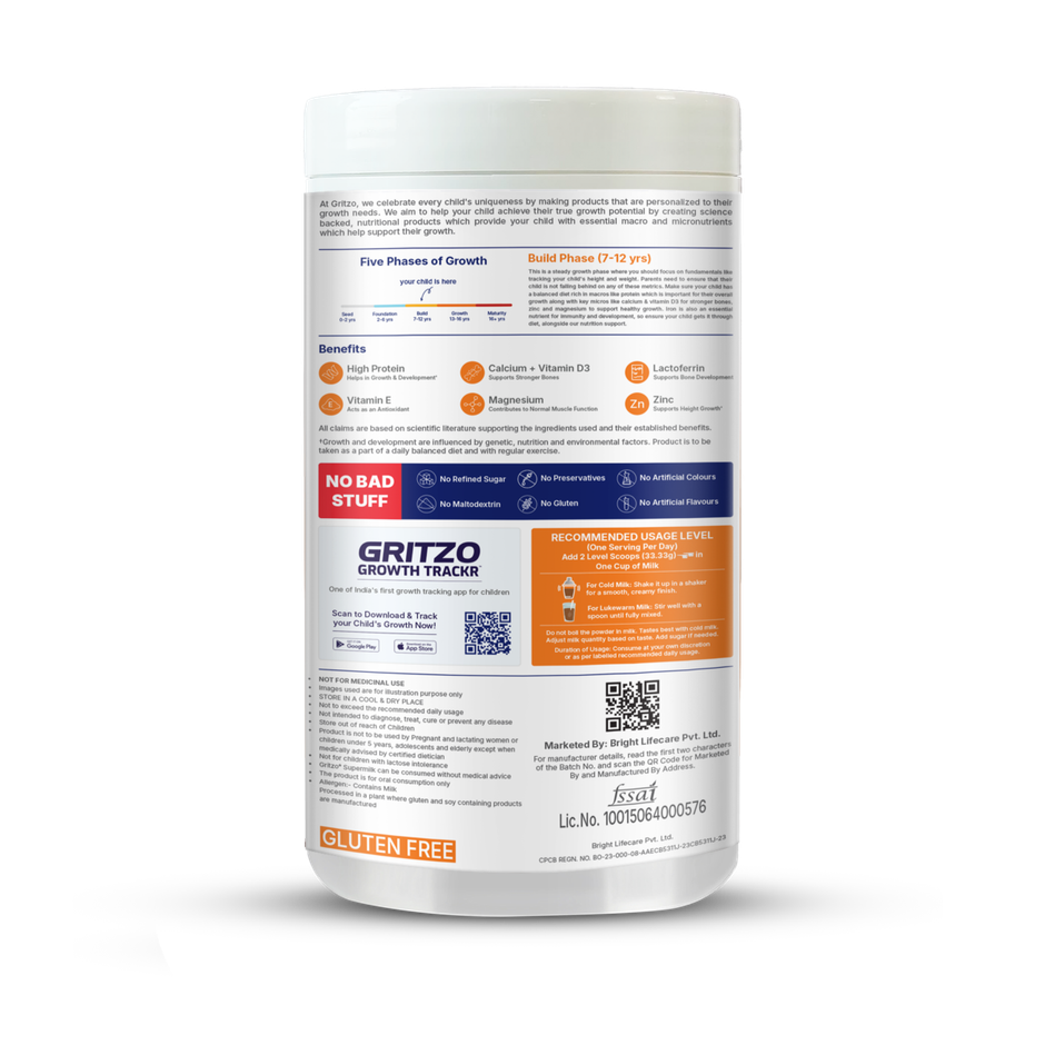 Gritzo Supermilk Growth+ (Formerly Height+) (7-12 Yrs Boys) |Double Chocolate, 12 Scoops