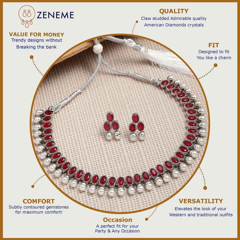 Zeneme Oxidised Silver Traditional Red CZ Necklace With Earrings Jewellery For Women & Girls