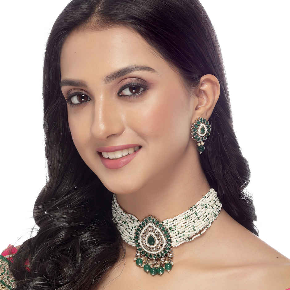 Sukkhi Amazing Gold Plated Green Kundan & Beads Studded Multistrand Choker Necklace Set