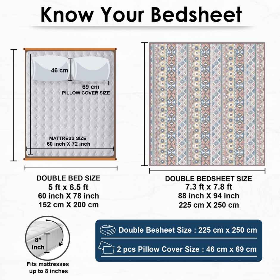 Story@home 240 TC Microfiber Double Printed Flat Bedsheet Beige & Grey | Aztec