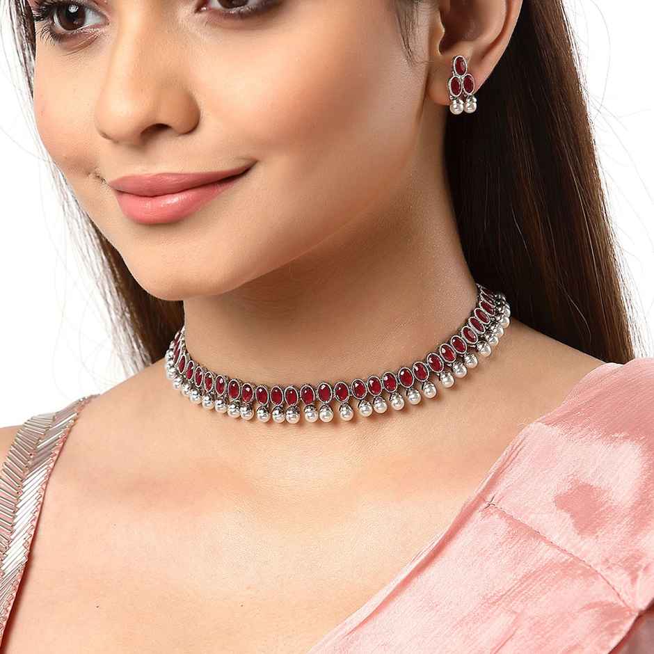 Zeneme Oxidised Silver Traditional Red CZ Necklace With Earrings Jewellery For Women & Girls