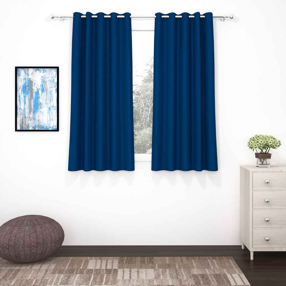 Story@Home 300 GSM 5 feet Faux Silk Blackout 1 U Window Curtain | Navy Blue