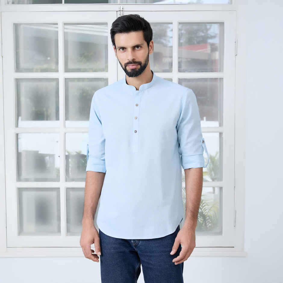 See Designs Men's Solid Cotton Short Kurta | Light Blue - XL
