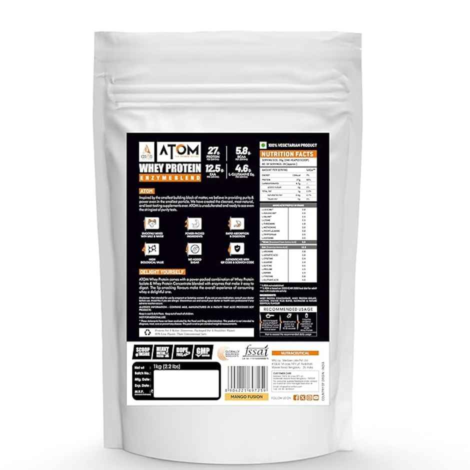 AS-IT-IS ATOM Whey Protein with Digestive Enzymes | mango fusion flavor | 27g protein