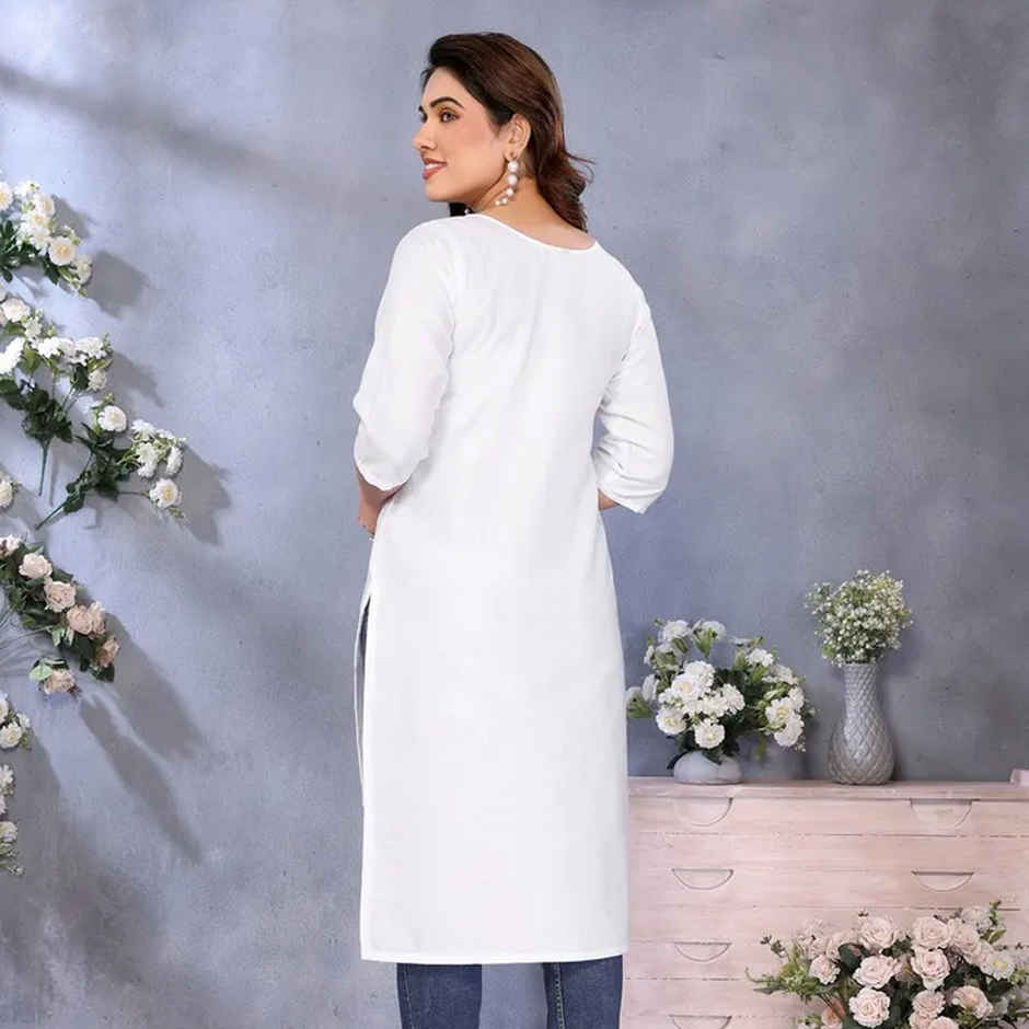 Riglozi White 3/4 Sleeves Cotton Made White Long Round Neck Regular wear Kurti for Women | L