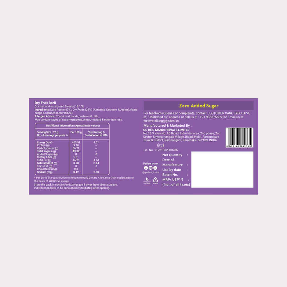 GO DESi Dry Fruit Barfi | 93% Dry Fruit | No Added Sugar