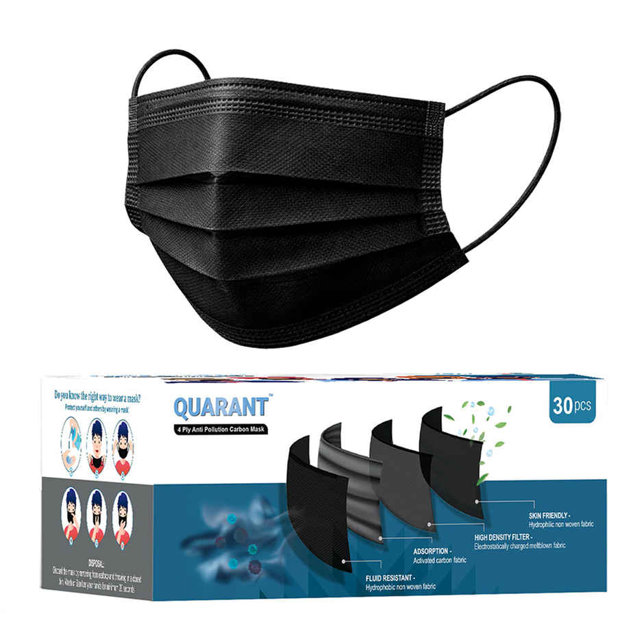 Quarant 4 Ply Anti Pollution Activated Carbon Face Mask | Nose Pin and Reusable Travel Pouch | Black