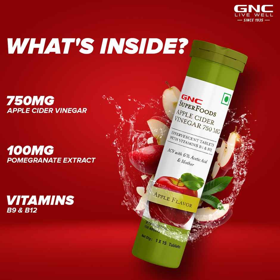 GNC Apple Cider Vinegar Effervescent Tablets Apple Flavor 15 Tablets (Pack of 2)