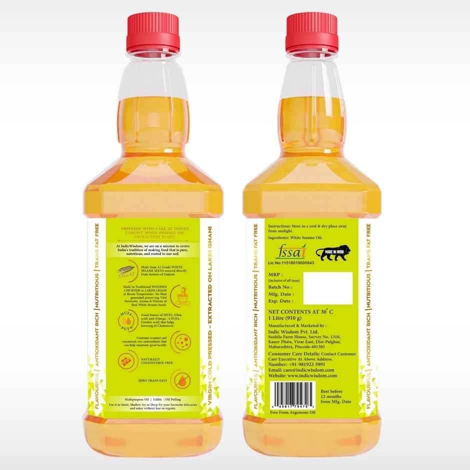 Indic Wisdom White Sesame (Til-Gingelly) Wood Cold Pressed Oil - Extracted on Wooden Churner