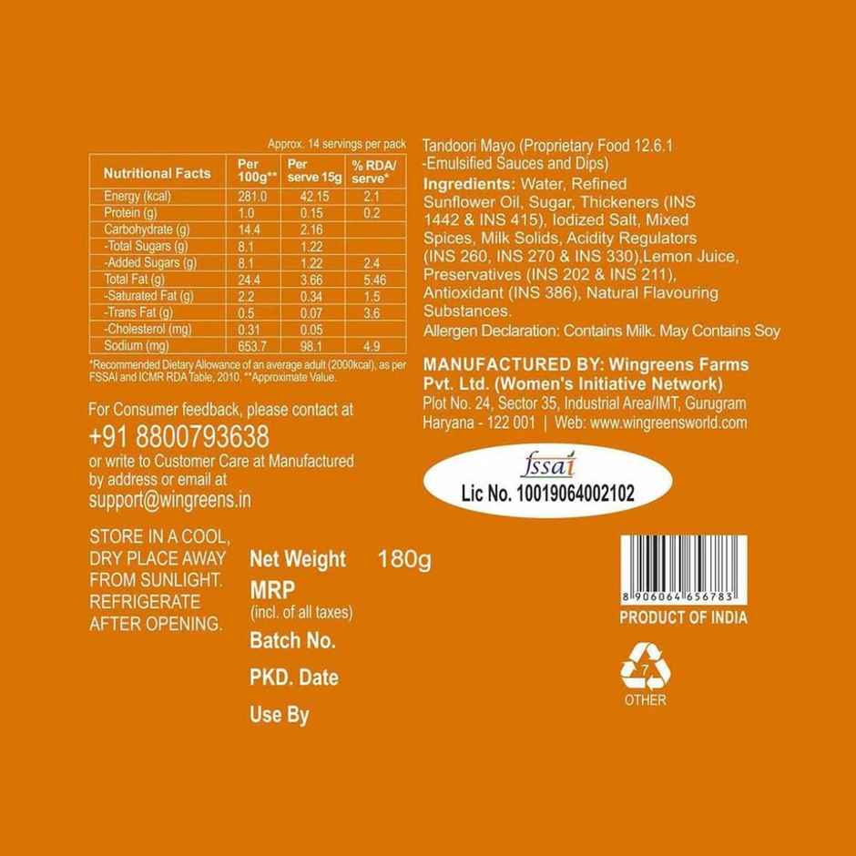 Wingreens Farms Premium Veg Mayo(800gms) & Tandoori Mayo(180gms) Combo