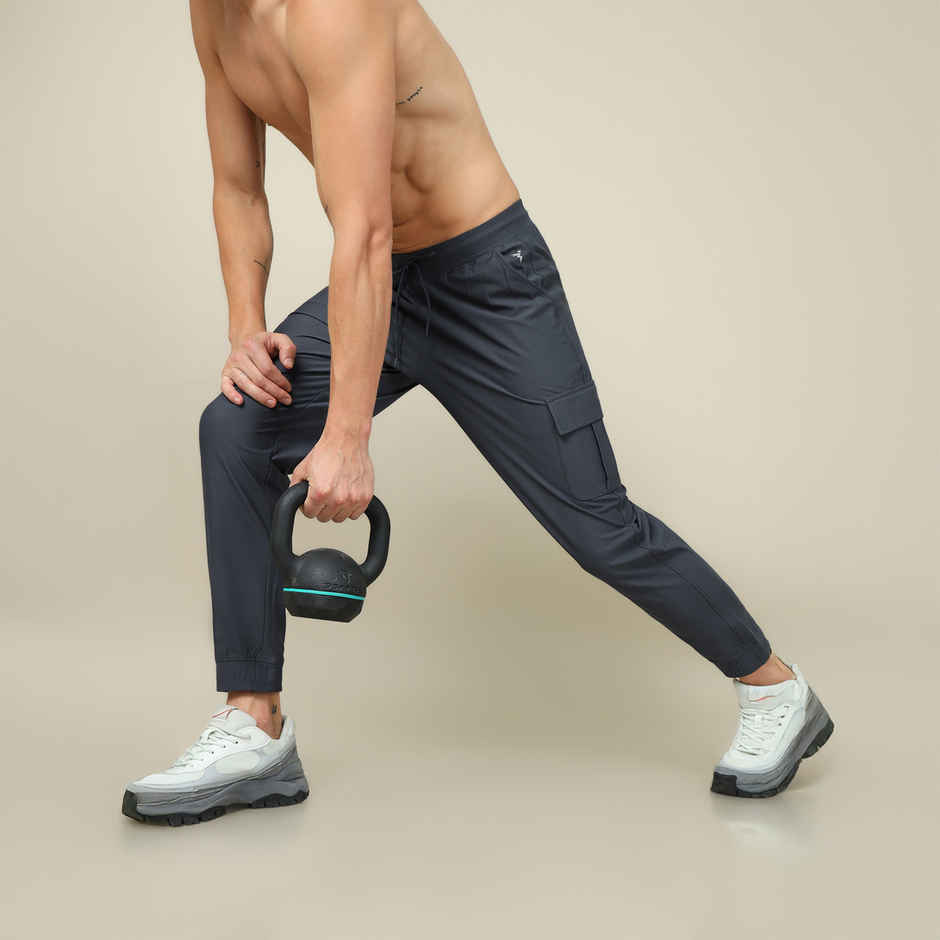 Technosport Men Poly Solid Slim Fit Sports Cargo Joggers with DURACOOL+ | Carbon Grey | XL
