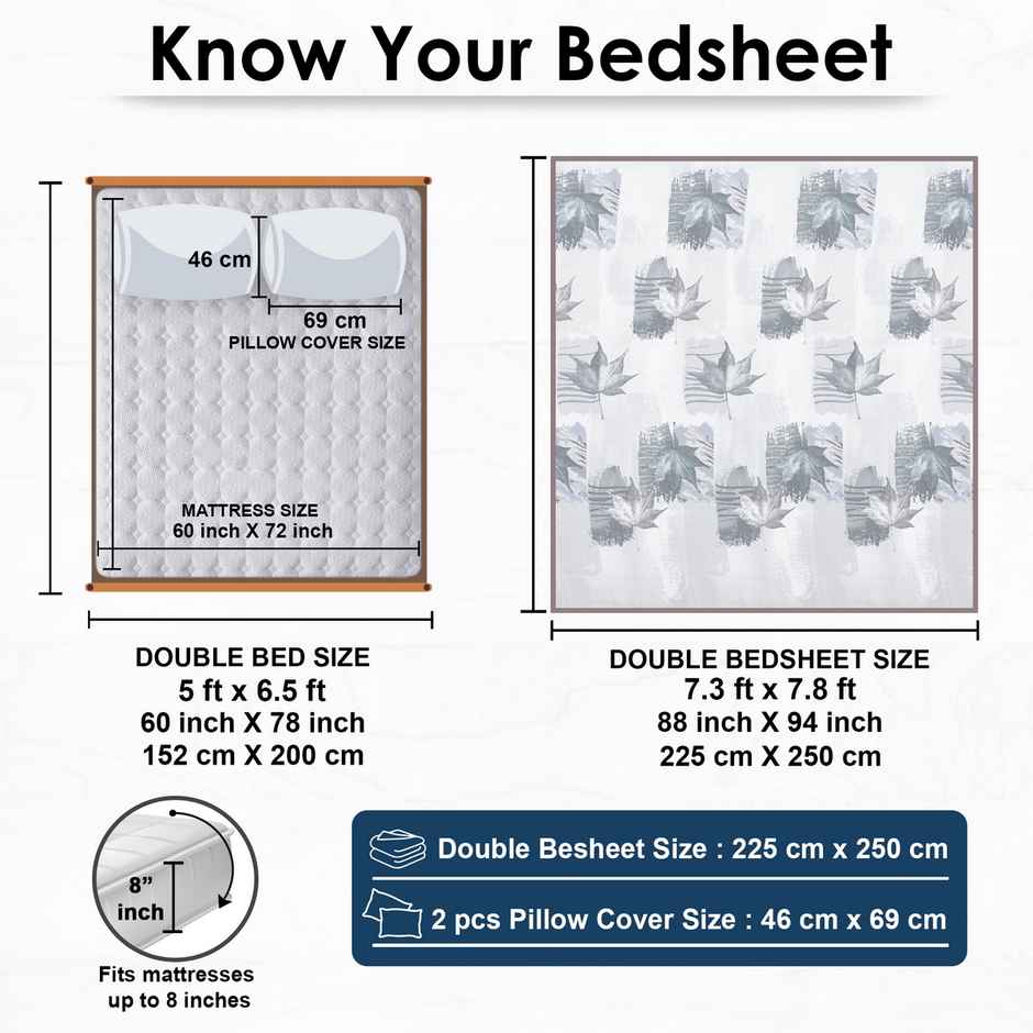 Story@home 240 TC Microfiber Double Printed Flat Bedsheet White & Grey | Floral