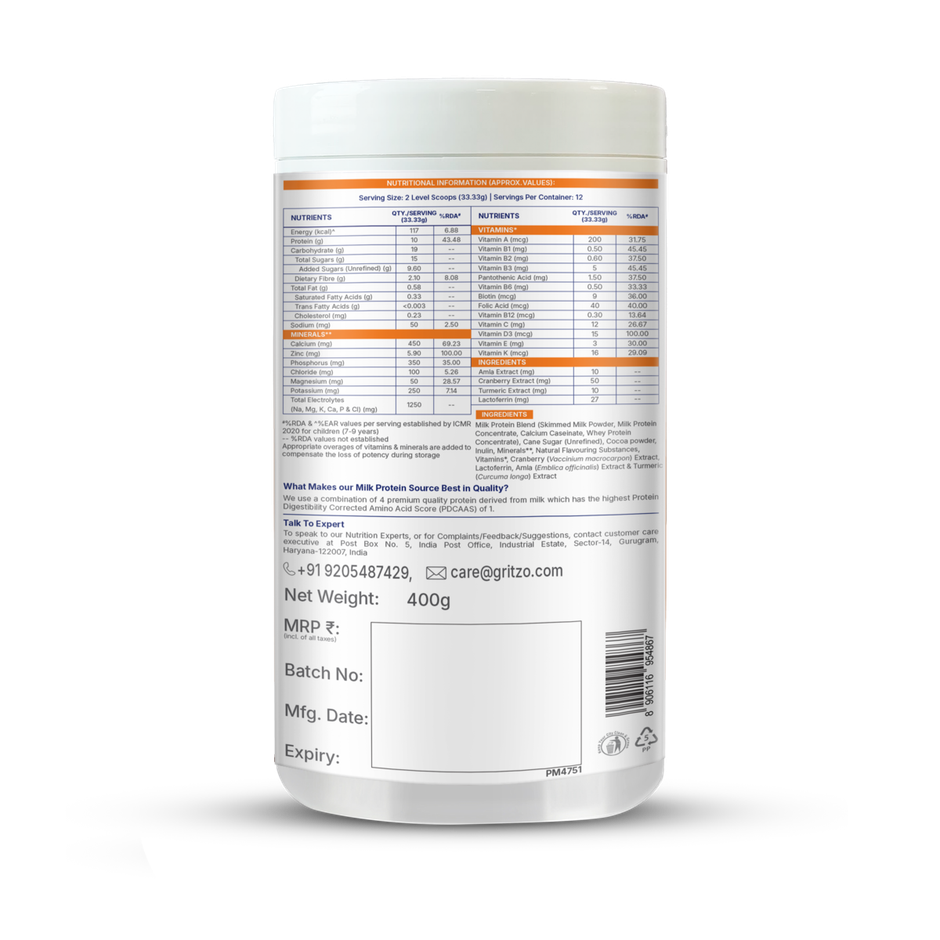 Gritzo Supermilk Growth+ (Formerly Height+) (7-9 Yrs Girls) | Double Chocolate, 12 Scoops