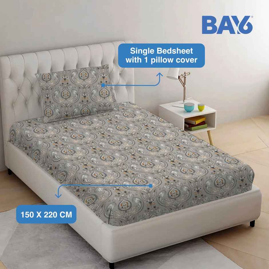 BAY6 Single Microfibre Ethnic Bedsheet | With Pillow Cover | Grey & Beige | 59 x 87 in