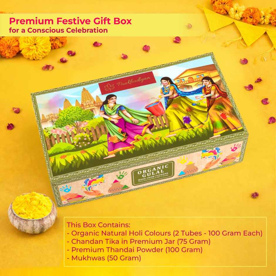 Premium Organic Holi Colour Gift Set | Chandan Tika, Mukhwas & Thandai | Pankhudiyan