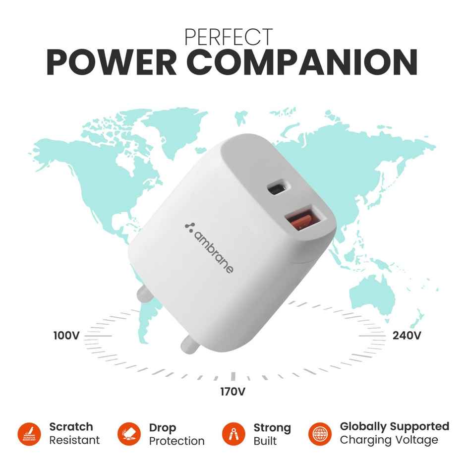 Ambrane 20W Dual Output Fast Charger/Adapter With Qc & Pd Technology For Iphone Android & Other Devices Multi-Layers Protection (Raap H11) - White