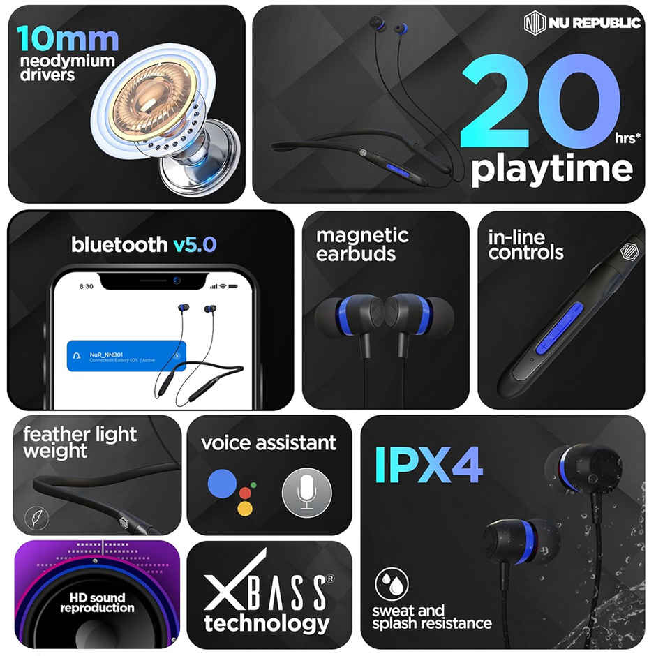 Nu Republic Jive J2 Bluetooth Neckband with Upto 20 hrs Playtime, X-Bass Technology, Calling Mic, Fast Charging & Pairing Earphones - Blue & Black