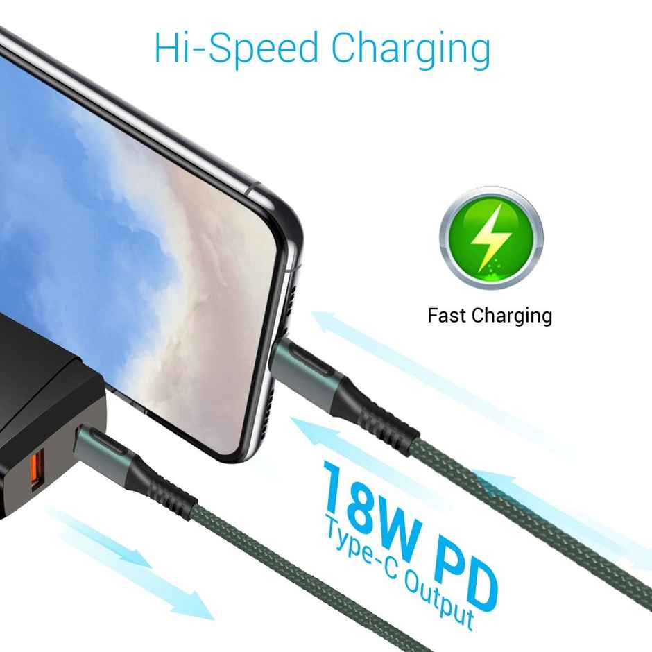 Portronics Konnect C Square 18W POR-1065 Type-C to Type-C 1.2M Type C Devices USB Cable with Power Delivery & 3A Quick Charge Support, Nylon Braided for All Type-C Devices - Green