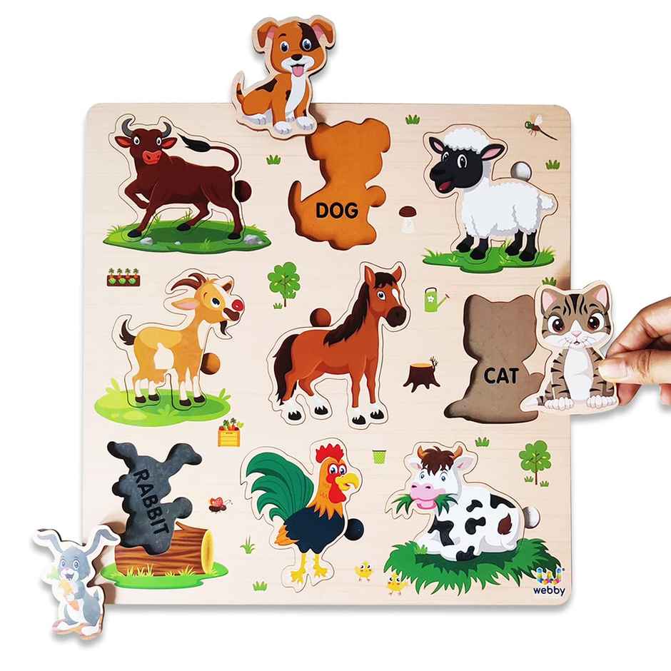Webby Wooden Farm Animals Montessori Educational Pre-School Puzzle Board Toy for Kids