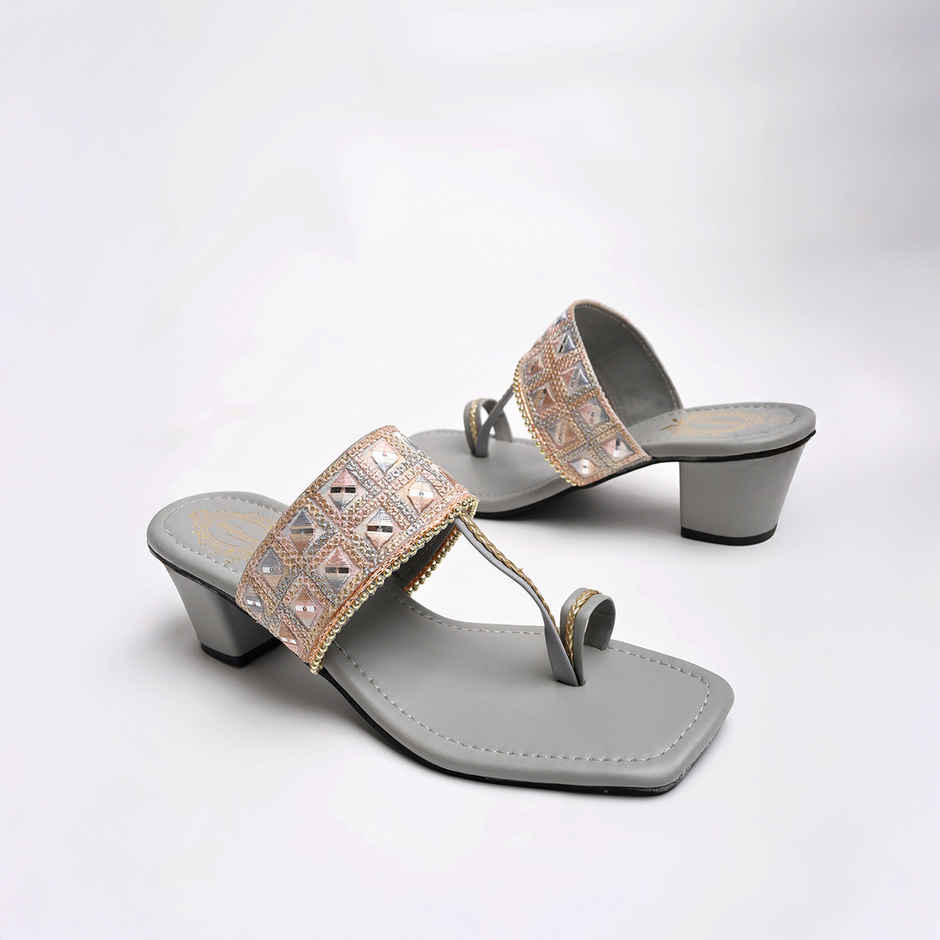 Shoetopia Classic Grey Kolhapuri Heels For Women | UK 8