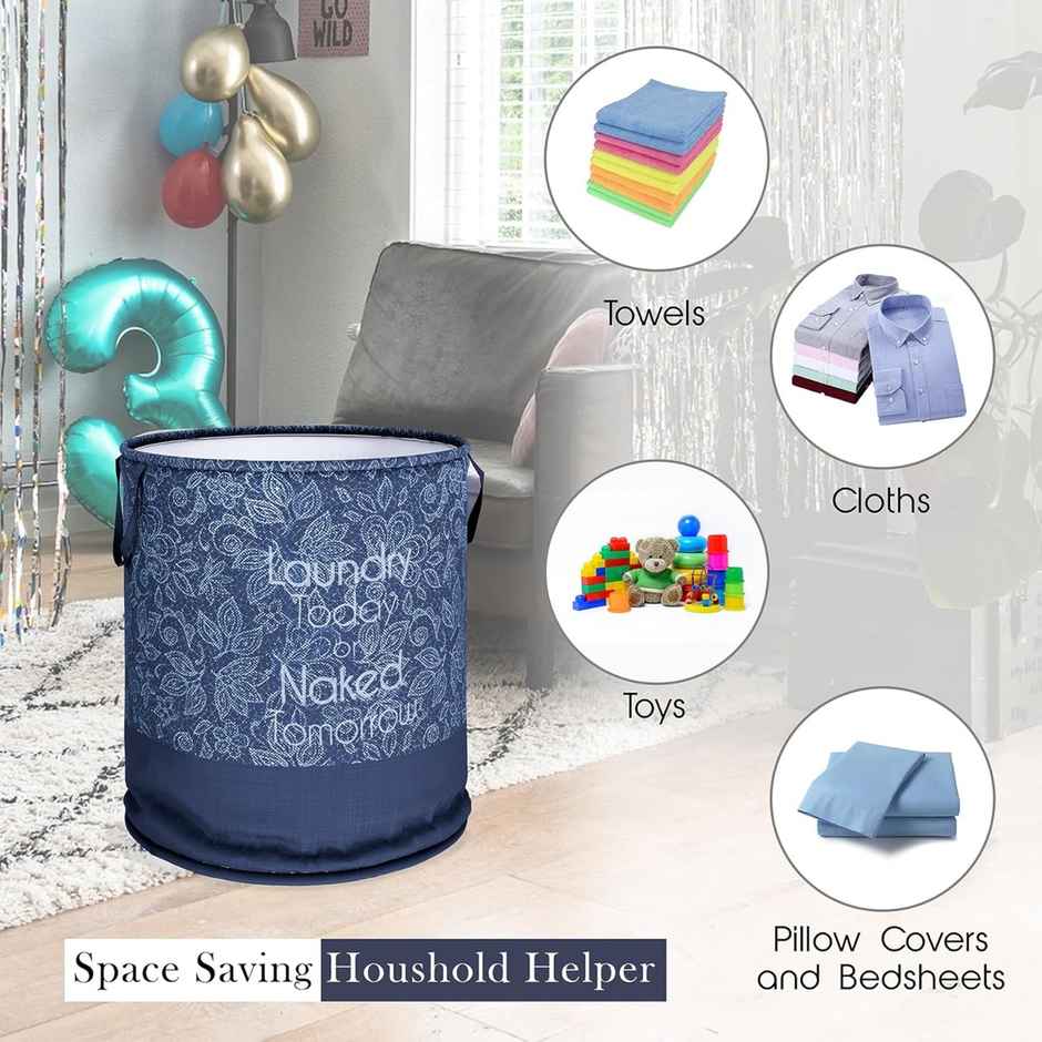 Kuber Industries Non Woven Flower 45 L Laundry Basket for Clothes Storage with Handle|Navy Blue