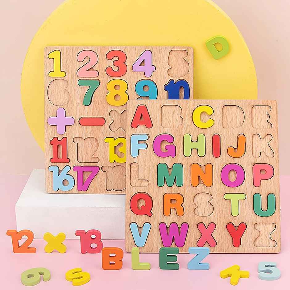 Fablue Wooden Puzzle Toddlers Toy For Kids - Alphabets, Numbers And Shapes Puzzle Set