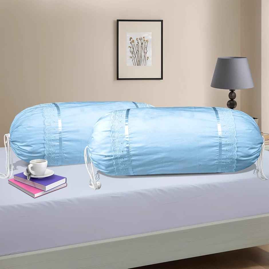 Kuber Industries Set of 2 Bolster/Side Pillow Cover For Diwan Pillows | 16"x32" | Plain Blue