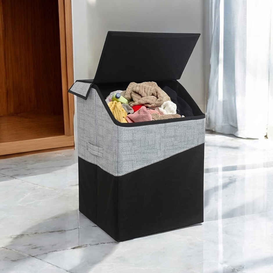 Prettykrafts 75L Laundry Square Basket Bag/Foldable/Multipurpose/Carry Handles/(Single) Jute Black