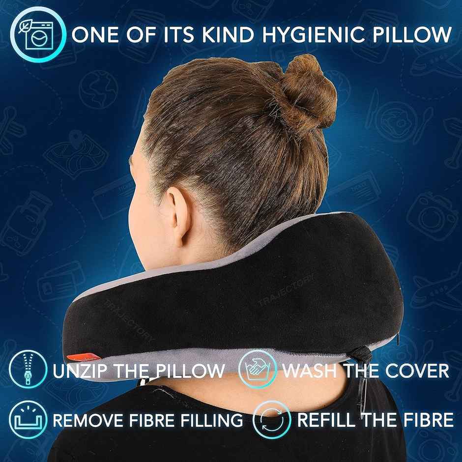 Trajectory Unisex Solid Polyester Neck Pillow with Eye Mask | Black and Grey - One Size