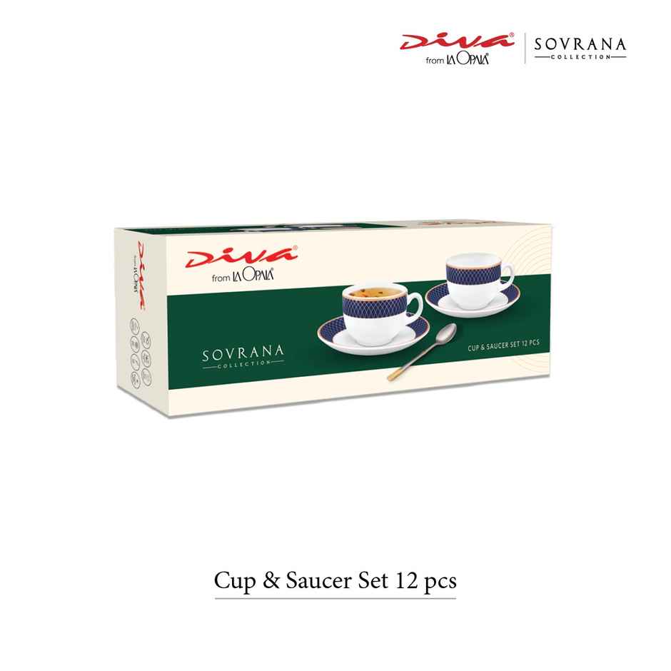 La Opala Diva Sovrana Cup & Saucer 160 ml Set of 12 Regent Blue Opal Glass Cups for Tea, White