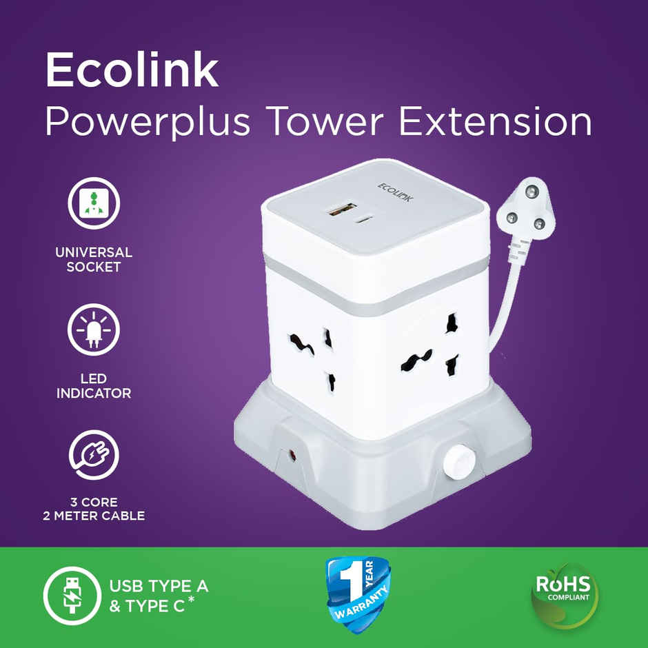 EcoLink PowerPlus Tower Extension Board, 6A with USB A & USB C Ports