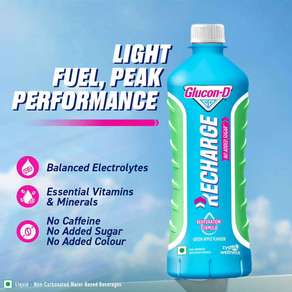 Glucon-D Recharge | No Added Sugar, Green Apple, Hydration & Energy Drink